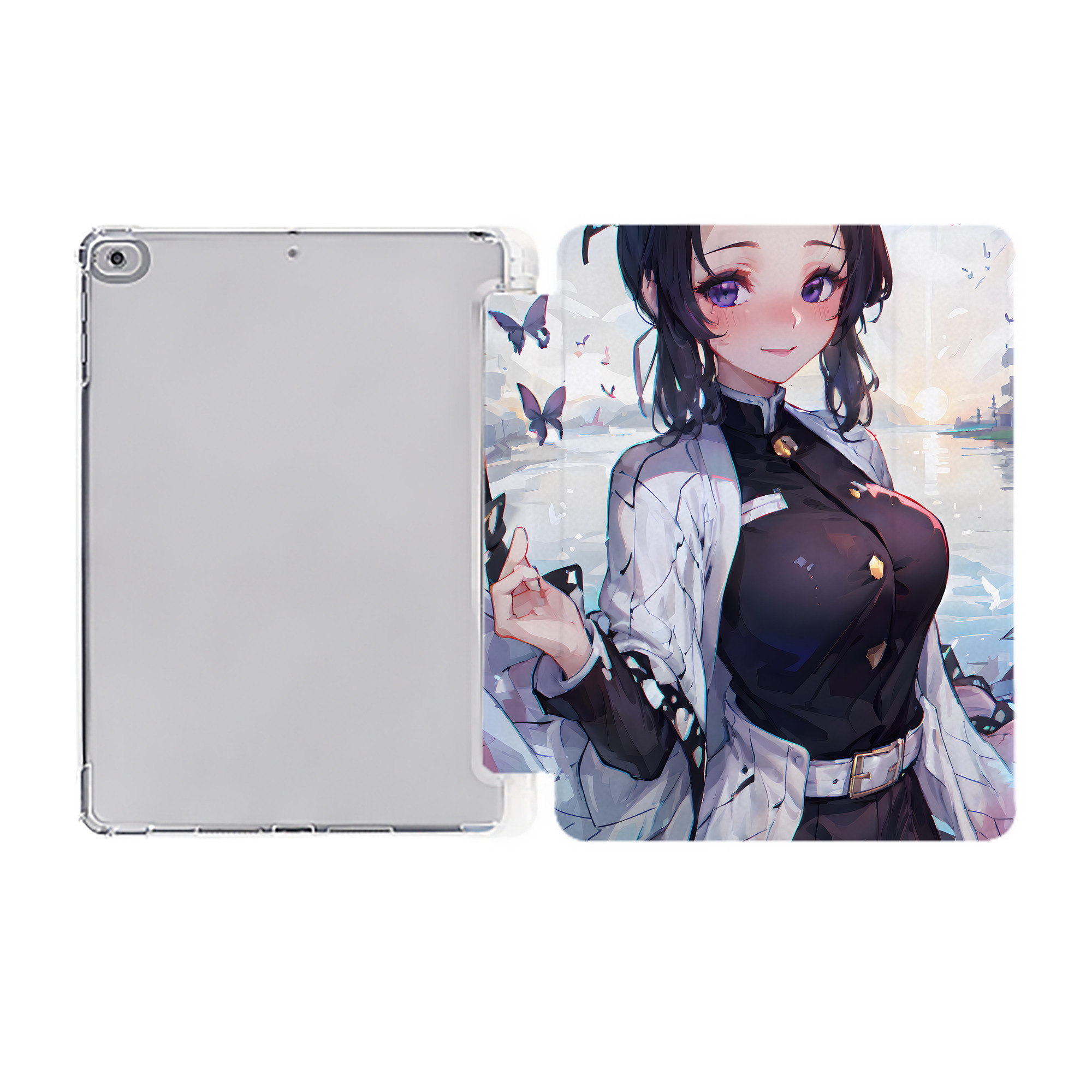 （画像用） 鬼滅の刃（きめつのやいば）蟲柱-胡蝶 しのぶ／こちょう しのぶ Kochou Shinobu IPad ケース ペン収納付き 三つ折りスタンド PUレザー×シリコン 対応機種9.5/10.5/10.9インチ